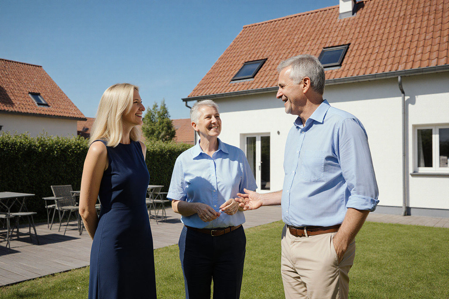 Persönliche Kundenbeziehung bei einer konkreten Hausbesichtigung: zwei Frauen und ein Mann im freundlichen Austausch, normales Haus mit Garten und Terrasse